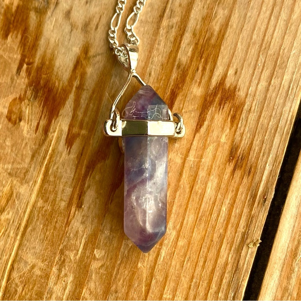 Rainbow Flourite Sterling Silver Necklace Purple Pink 20” - Picture 9 of 15